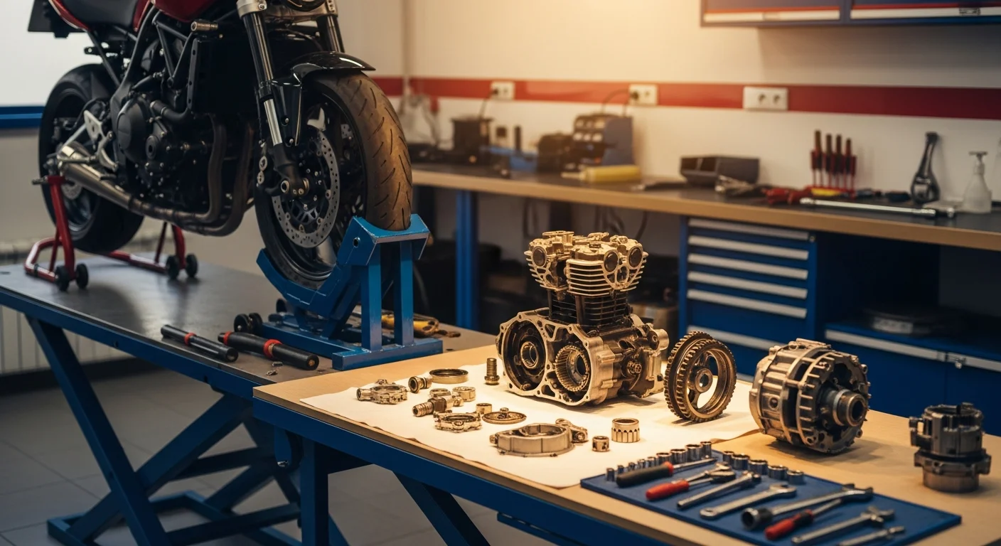 Motorrad auf einem Montageständer in einer aufgeräumten Werkstatt